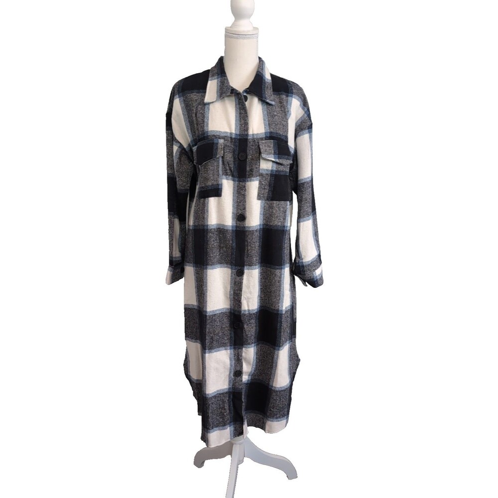 Long Plaid Shirt Midi Dress Women's Blue & White Long Sleeve Size M